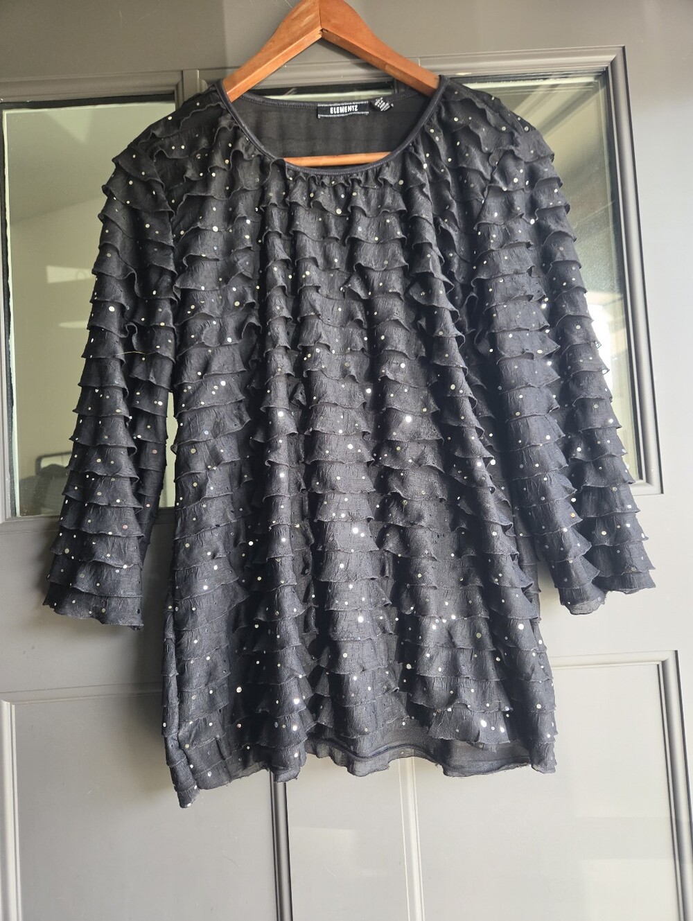 Elementz Black Ruffle Top with Sequins & 3/4 Sleeves Size L
